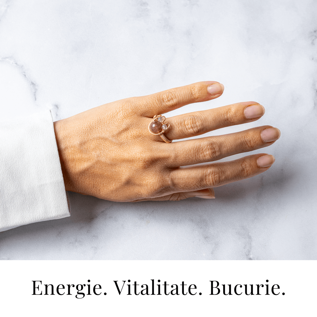 Inel cu Cristal de Capsuna Natural si Cupru - Simbol al Vitalitatii si Bucuriei Interioare