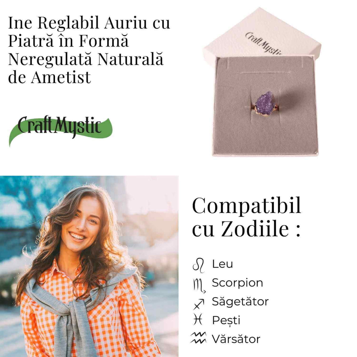 Inel usor Reglabil Auriu cu Ametist Natural Brut - Claritate Mentala si Protectie Energetica