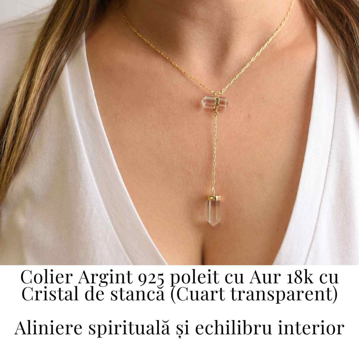 Colier Turnulet din Dublu Cuart de Stanca - Claritate Mentala si Protectie Energetica - Argint 925 Placat cu Aur 18K