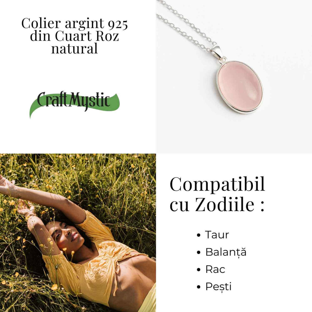Colier montura argint 925 si piatra naturala din Cuart Roz oval - Vindecare emotionala