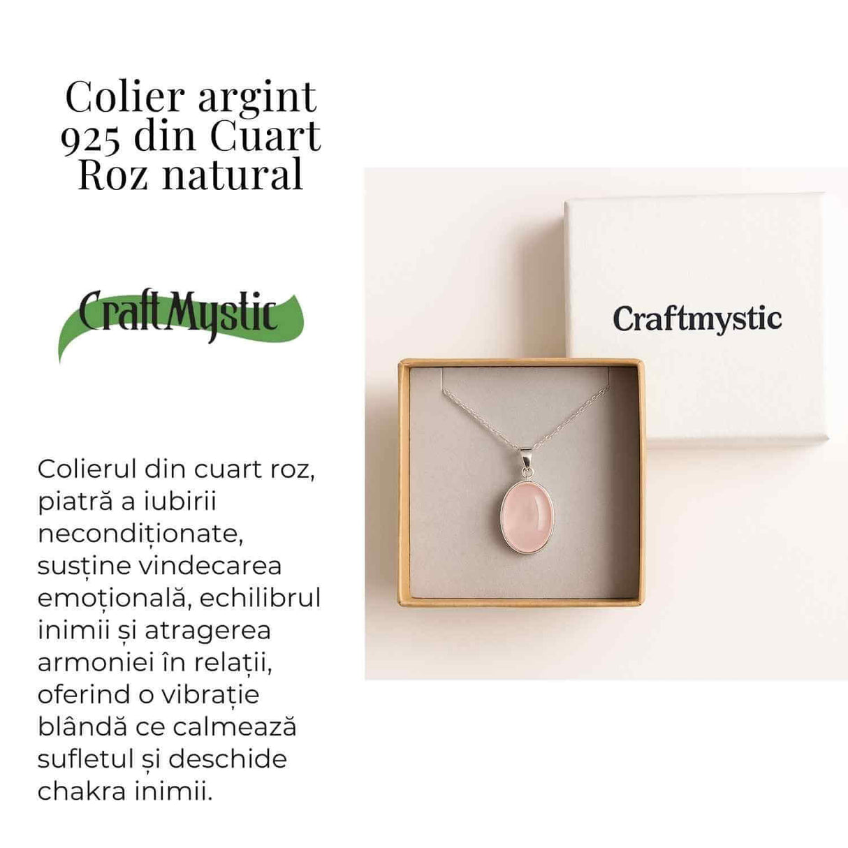 Colier montura argint 925 cu piatra naturala de Cuart Roz - Echilibru si iubire profunda