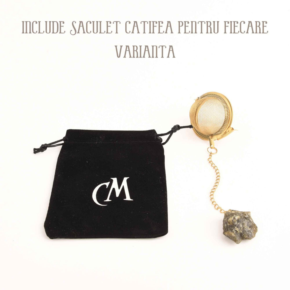 Infuzor ceai din otel inox cu piatra semipretioasa Ochi de tigru de 2 cm - Cristale vindecatoare tematica feng shui