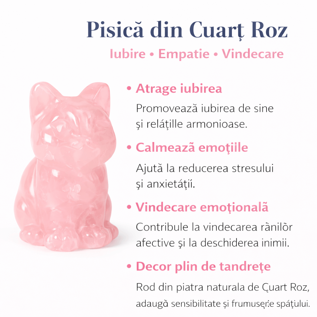 Figurina Pisica din Cuart Roz – Simbol al Iubirii, Blandetii si Vindecarii Emotionale