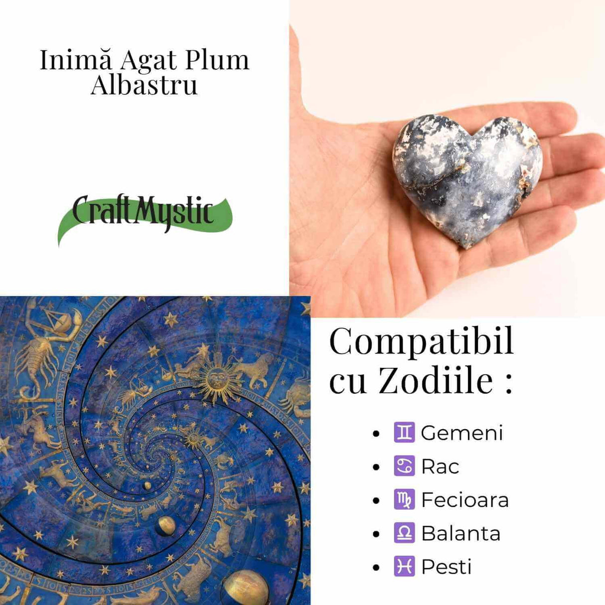 Inima din Agat Blue Plume – Vindecare si pace in palma ta