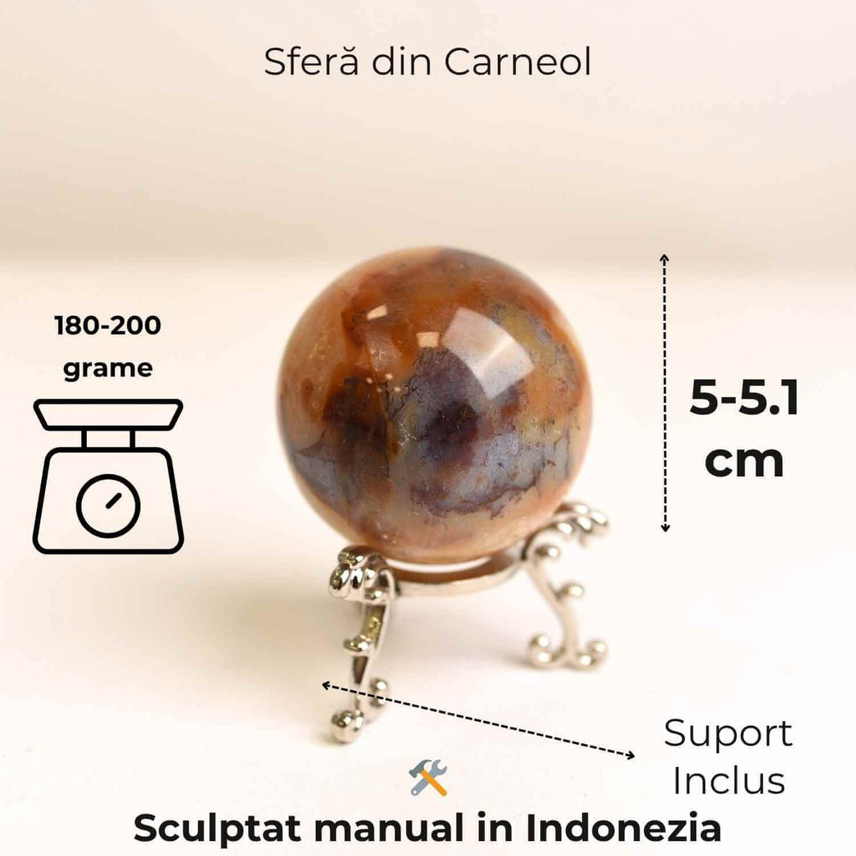 Sfera din Carneol 5–5.1 cm 180–200 grame – Curaj, Vitalitate si Echilibru