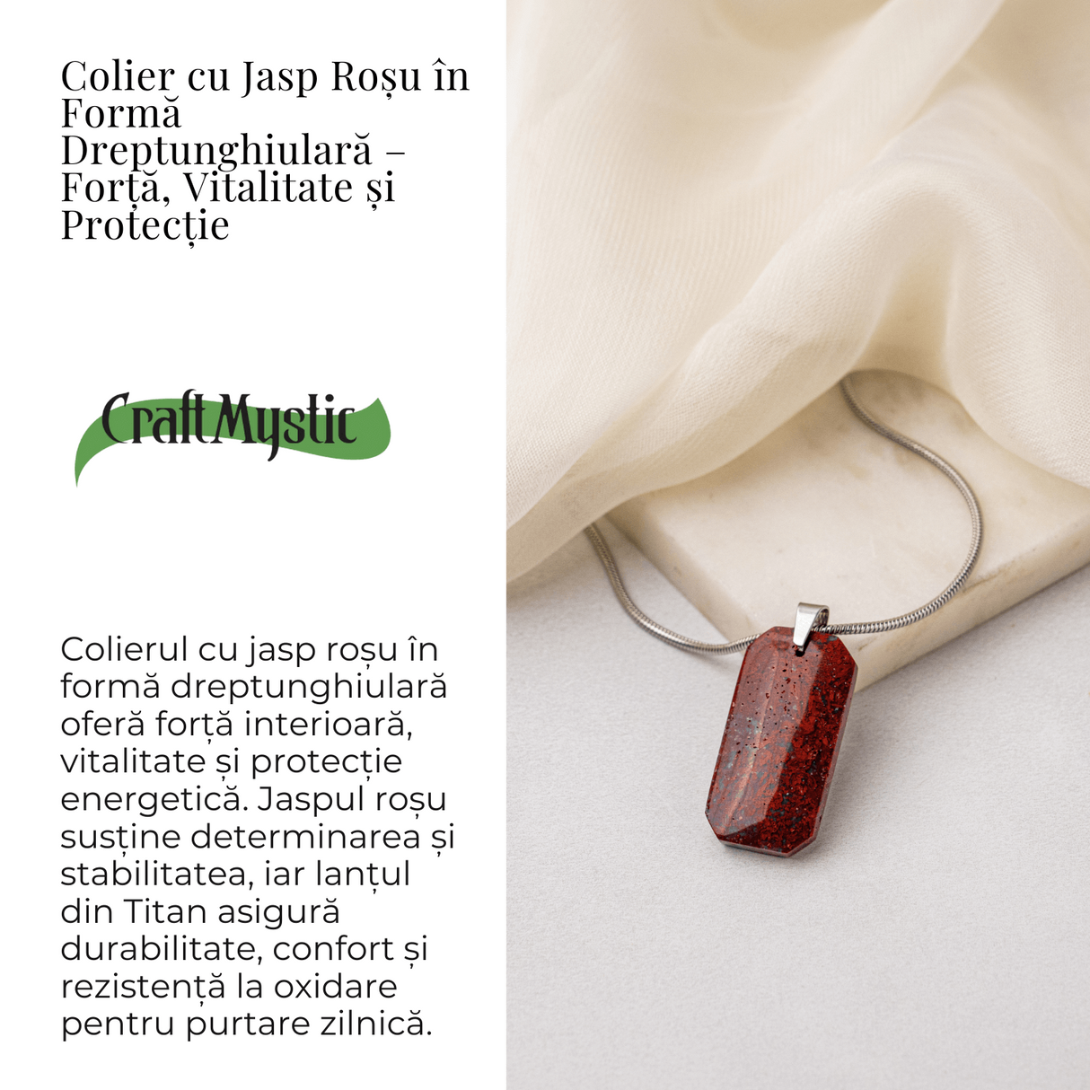 Colier Titanium cu Jasp Rosu Natural Dreptunghiular - Forta Interioara si Protectie Energetica