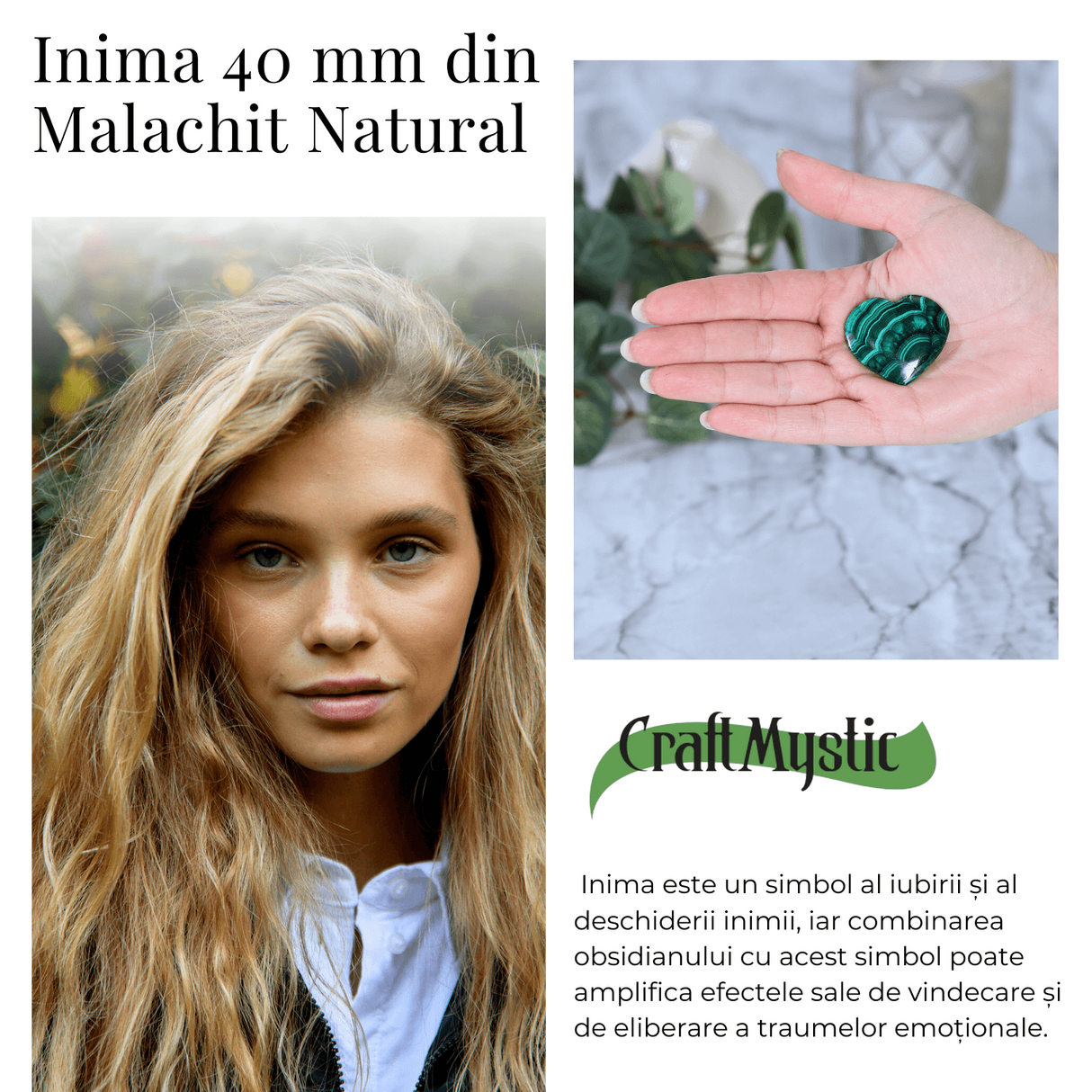 Inima de Malachit Natural 40mm - Puterea Vindecatoare la Indemana Ta