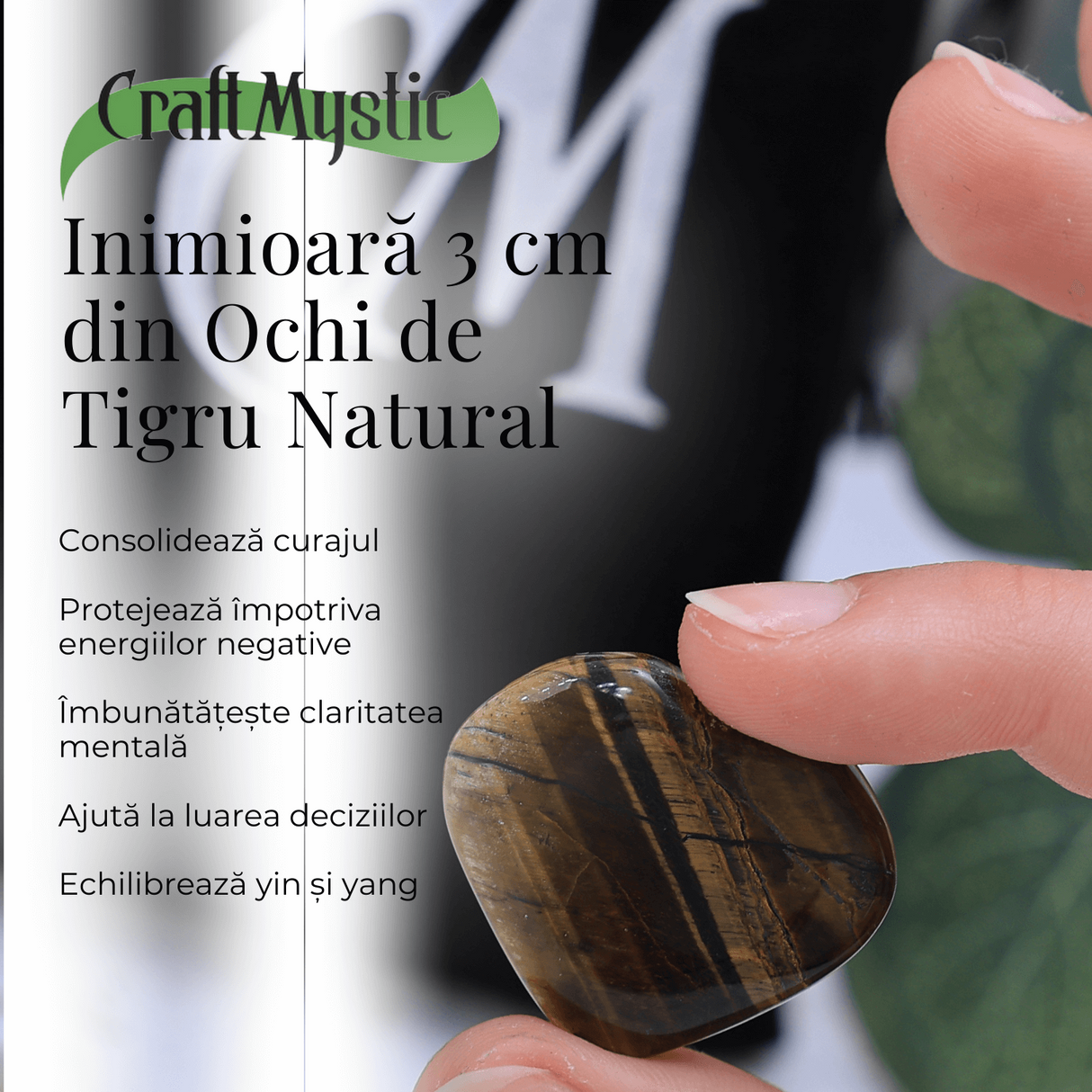 Inima Sculptata Manual de 30mm din Ochi de Tigru - Protectie si Curaj