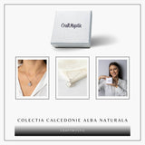 Puritate si Armonie -Colier pisica din calcedonie alba naturala cu lant din argint 925