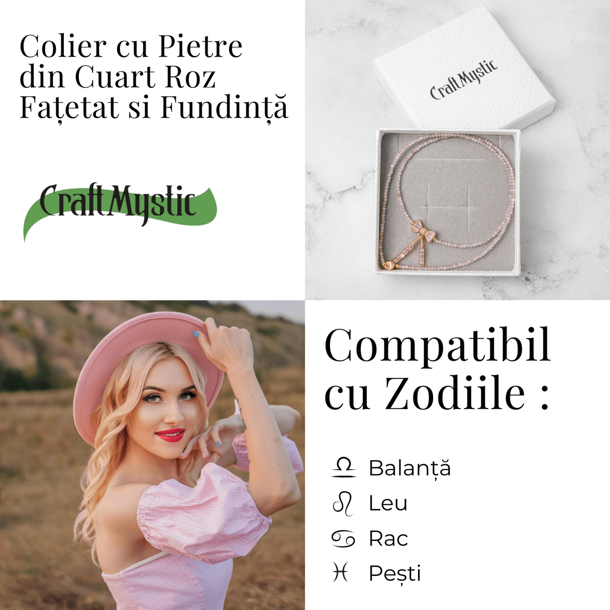 Iubire si Delicatete - Colier din Cuart Roz Fatetat cu Fundita