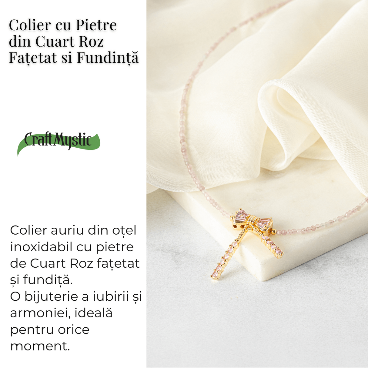 Iubire si Delicatete - Colier din Cuart Roz Fatetat cu Fundita