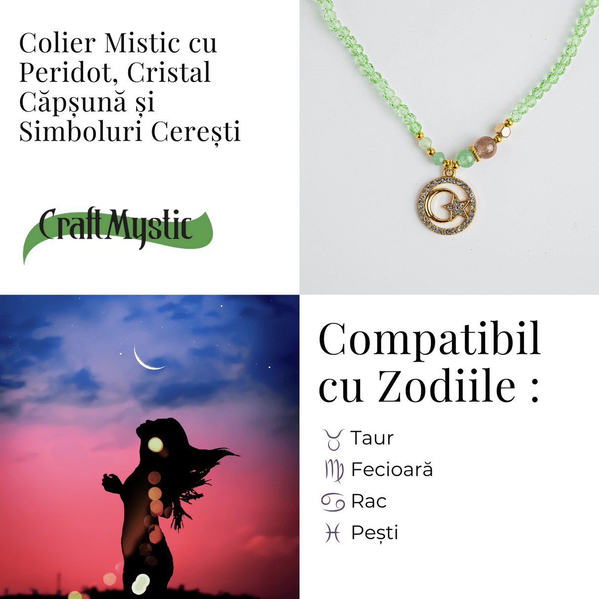 Colier Mistic cu Peridot, Cristal Capsuna si Simboluri Ceresti