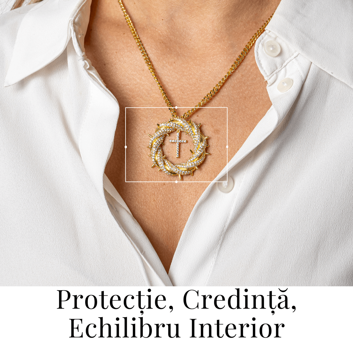 Credinta si Protectie - Colier Cruce cu Zirconiu si Coroana Circulara, Placat Auriu