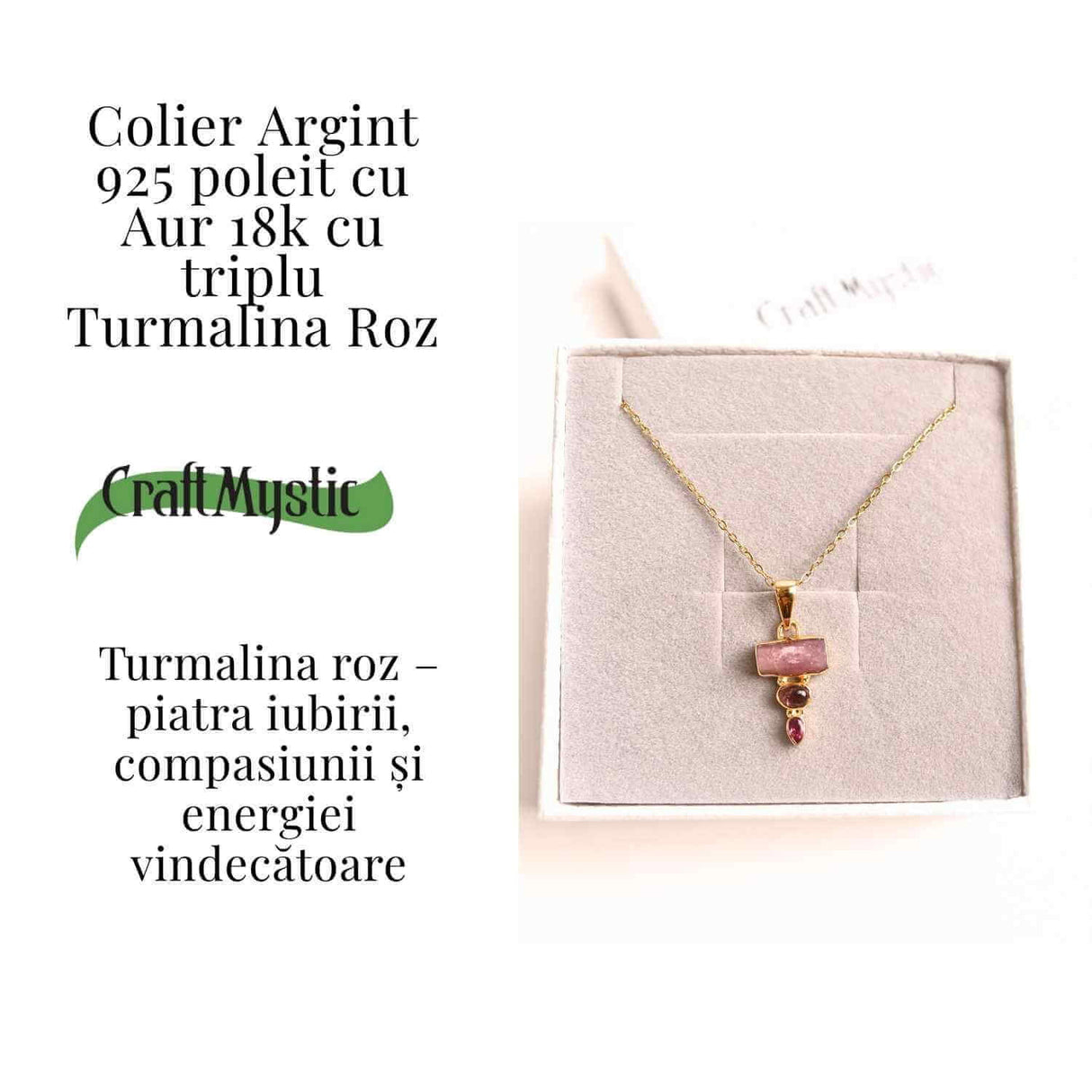 Iubire si Armonie Interioara - Colier inox si pandantiv argint 925 placat cu aur de18k si Triplu Turmalina Roz