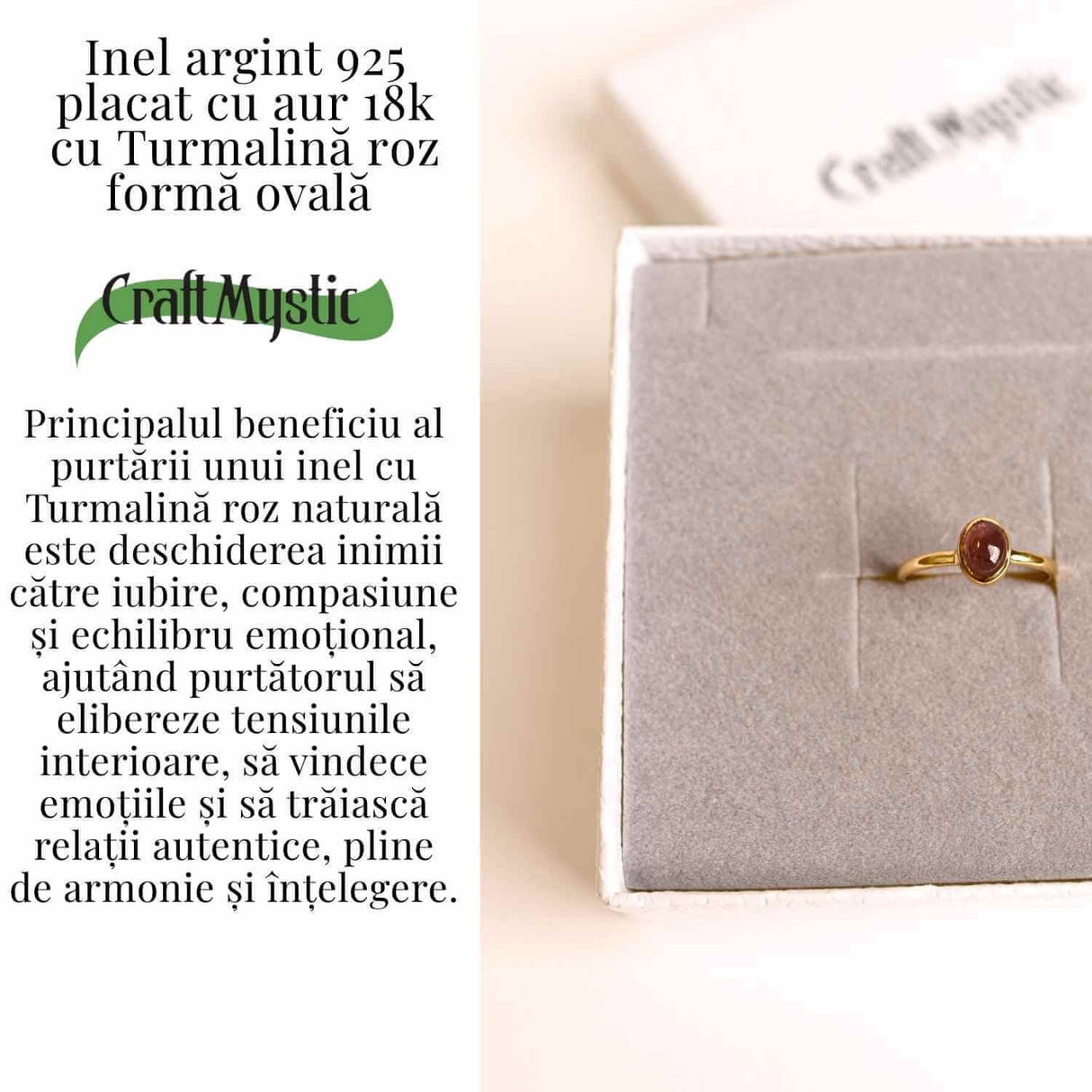 Inel argint 925 placat cu aur 18k cu turmalina roz ovala - piatra iubirii, armoniei si compasiunii