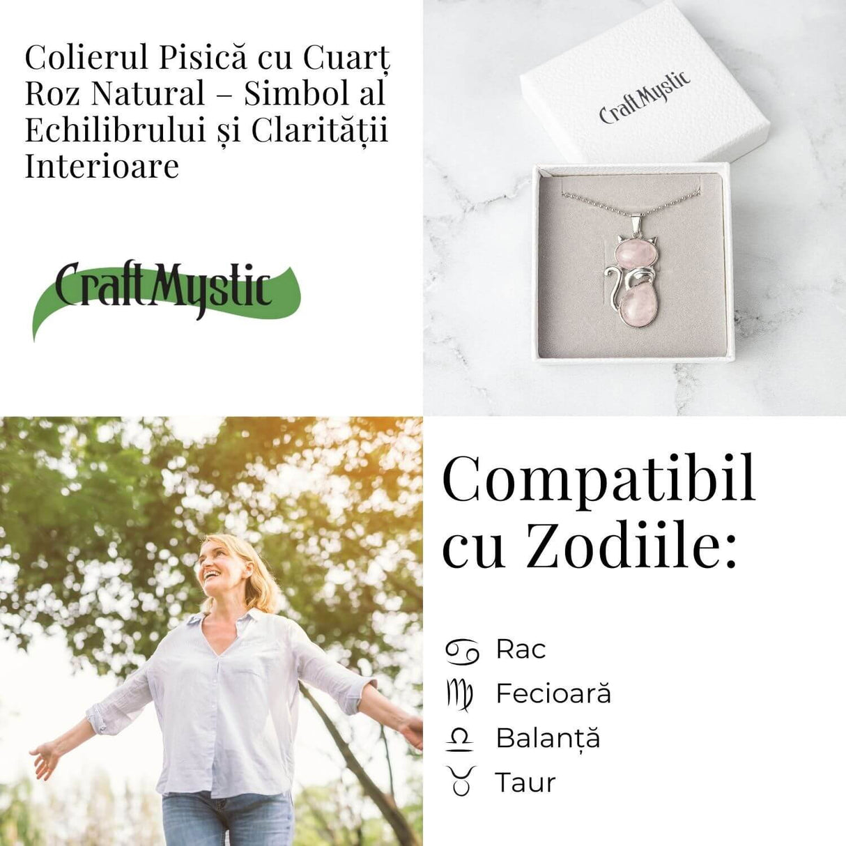 Iubire si Armonie - Colier Pisica din Otel Inoxidabil cu Cuart Roz