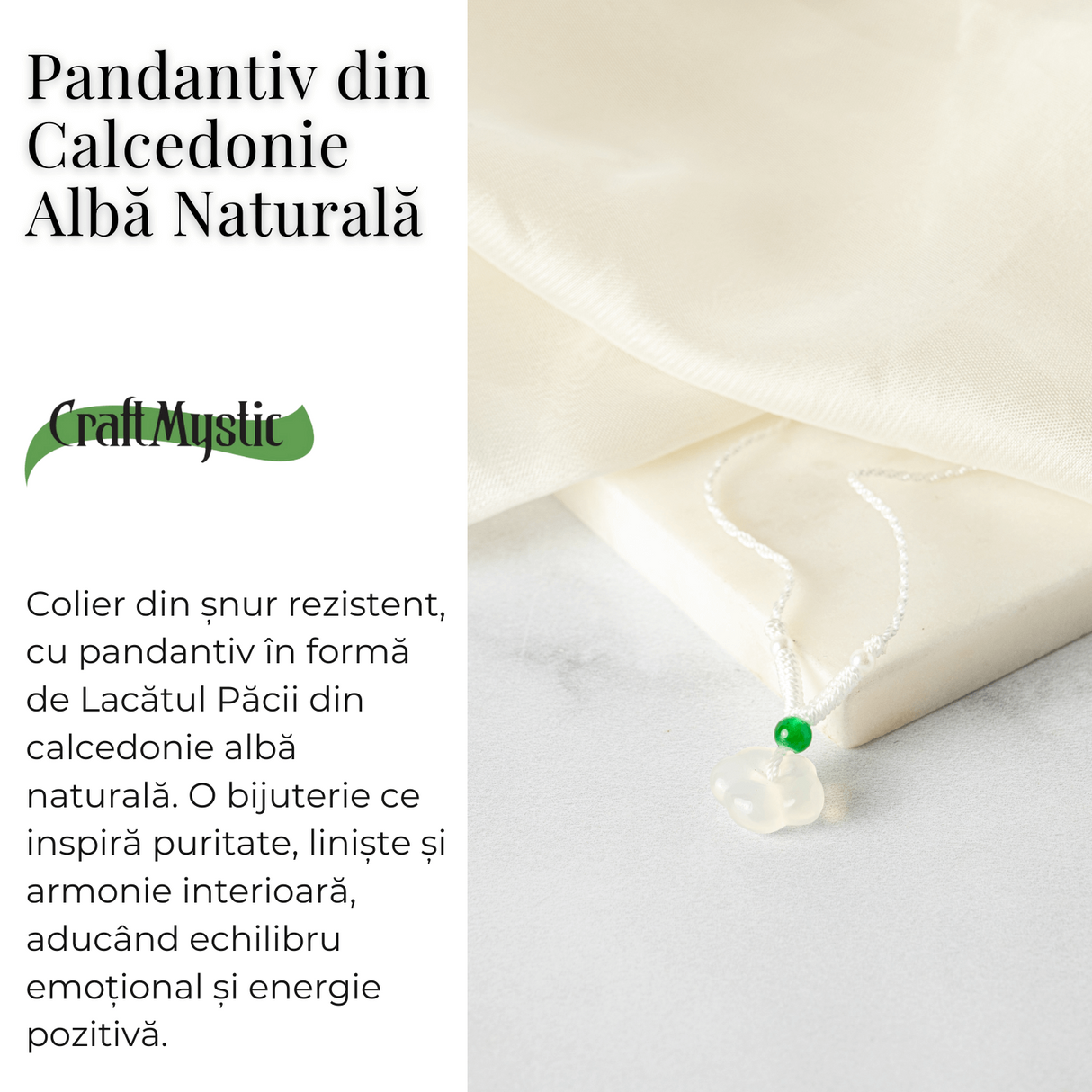 Protectie si Liniste Interioara - Colier Lacat al Pacii din Calcedonie Alba Naturala