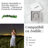 Bratara ajustabila cu stea si semiluna din Agat gri natural - Talisman al protectiei si echilibrului