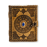 Jurnal din piela naturala autentic cu coperta gravata si piatra naturala Lapis Lazuli si hartie bumbac alba