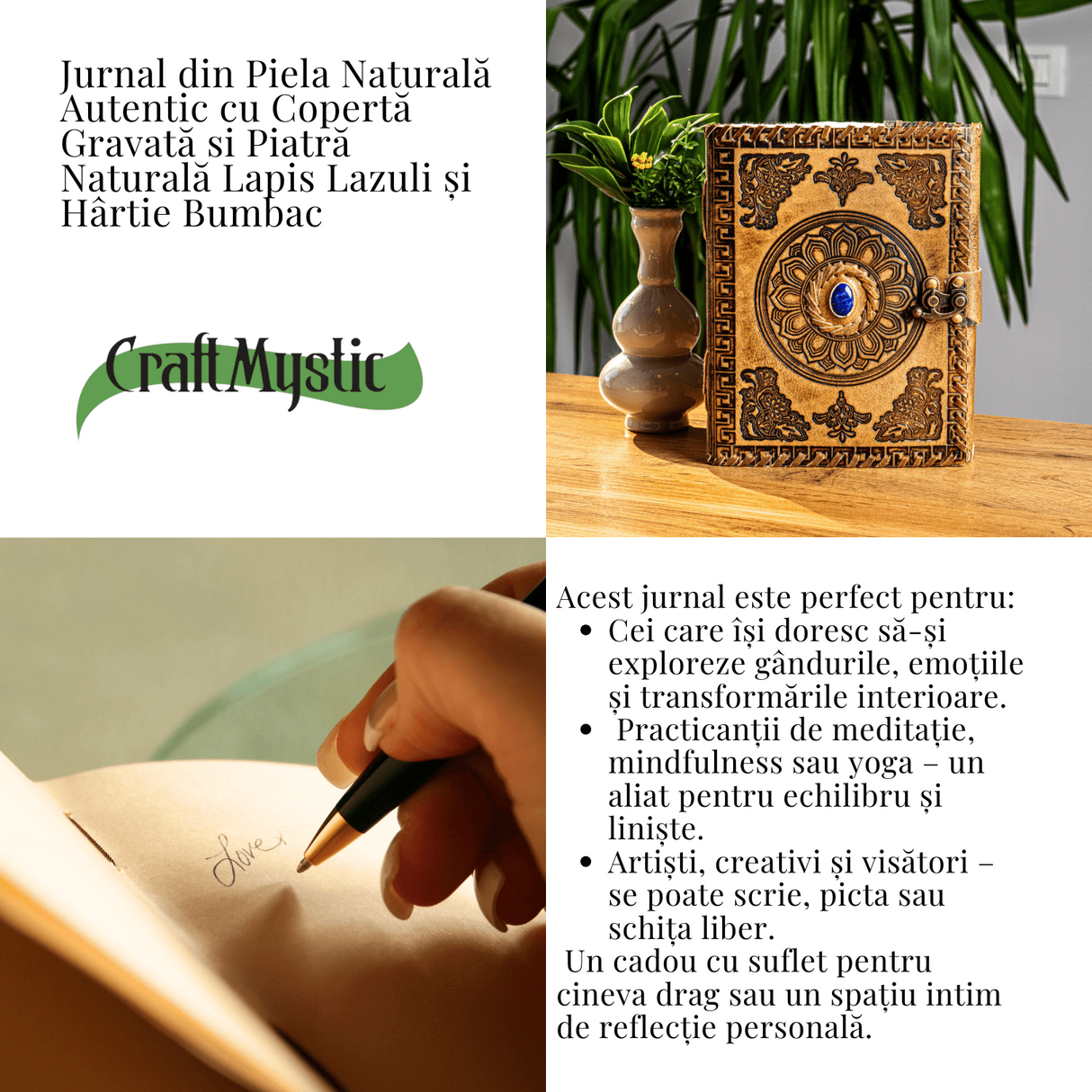 Jurnal din piela naturala autentic cu coperta gravata si piatra naturala Lapis Lazuli si hartie bumbac alba