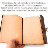 Jurnal vintage „Sigiliul Timpului” din piele naturala cu hartie din bumbac galbena si piatra decorativa Malachit 20x15 cm