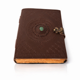 Jurnal vintage „Sigiliul Timpului” din piele naturala cu hartie din bumbac galbena si piatra decorativa Malachit 20x15 cm