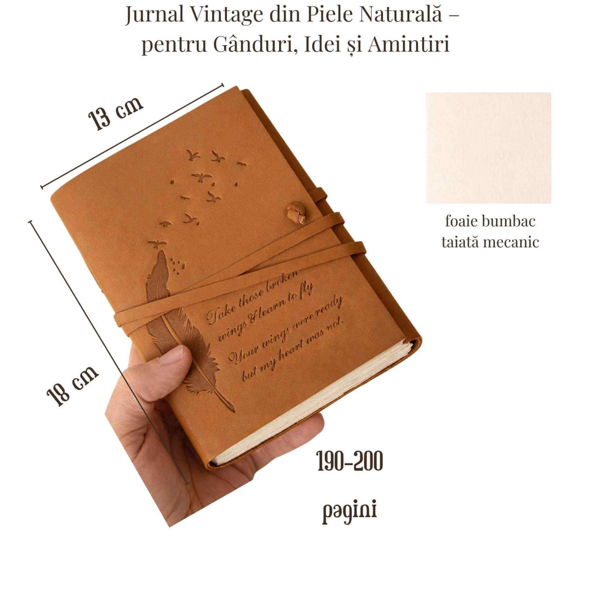 Jurnal Vintage din Piele Naturala "Aripa Libertatii" - hartie din bumbac, 18 × 13 cm