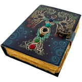 Jurnal vintage pentru magie model "Book of Shadow" cu 7 pietre pentru cele 7 chakre - Jurnal cu inchidere cu lacat, handmade din piele vintage 20x15 cm