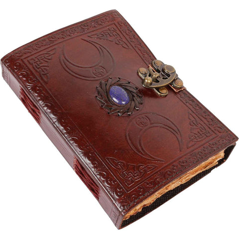 Leather Journal with Triple Moon Design and Lapis Lazuli Gemstone - Vintage Parchment Paper Ideal for Sketches and Notes, 20 x 15 cm