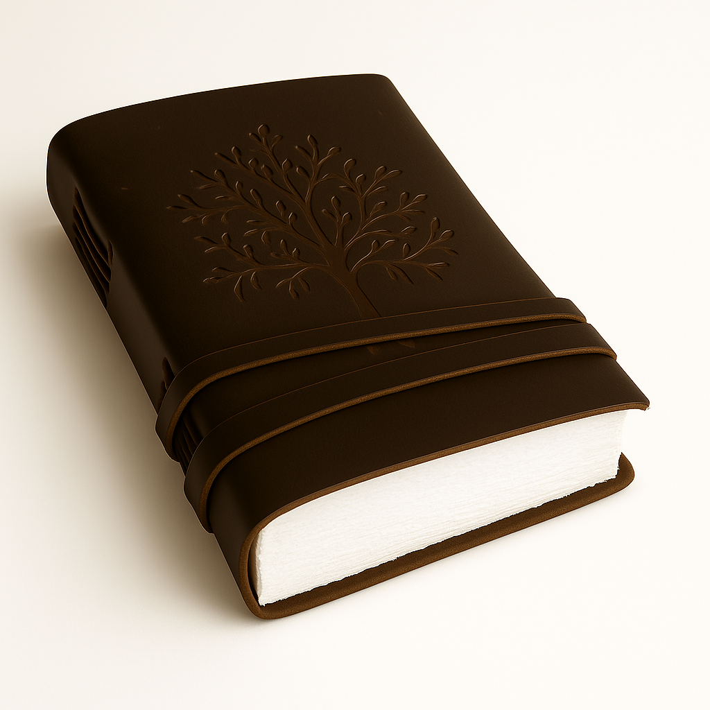 Jurnal piele naturala cu Arborele Vietii si hartie de bumbac alba – Creativitate si conexiune spirituala