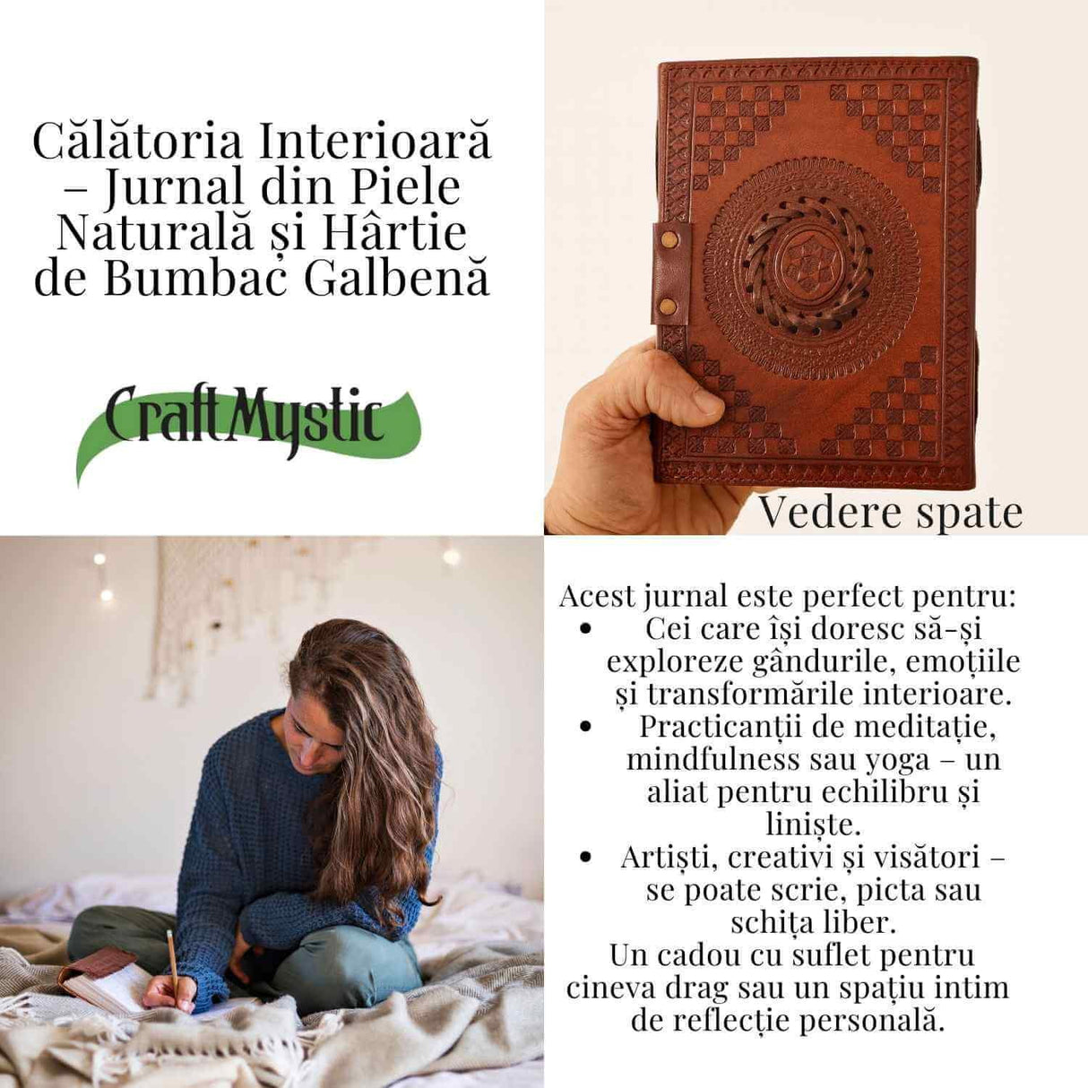 Calatoria Interioara - Jurnal din Piele Naturala cu Piatra Decorativa si Hartie de Bumbac Galbena
