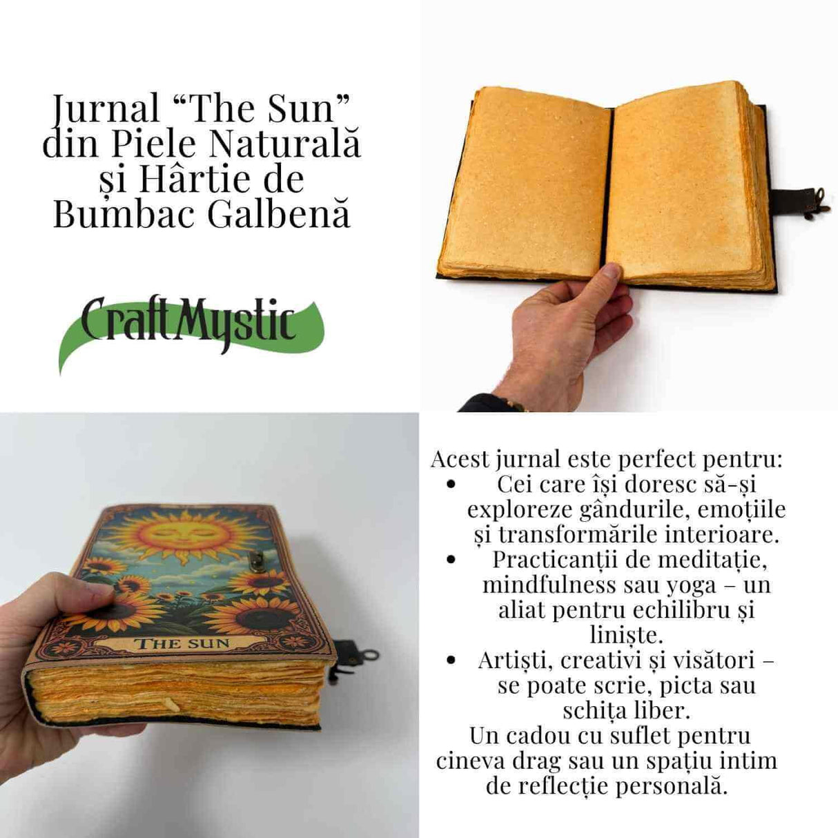 Jurnal "The Sun" din piele naturala si hartie de bumbac galbena 20x15 cm