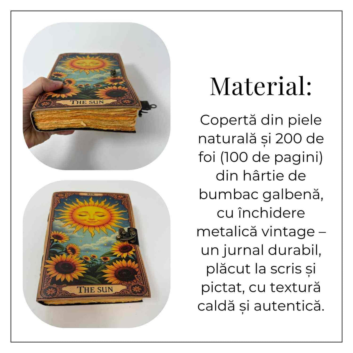 Jurnal "The Sun" din piele naturala si hartie de bumbac galbena 20x15 cm