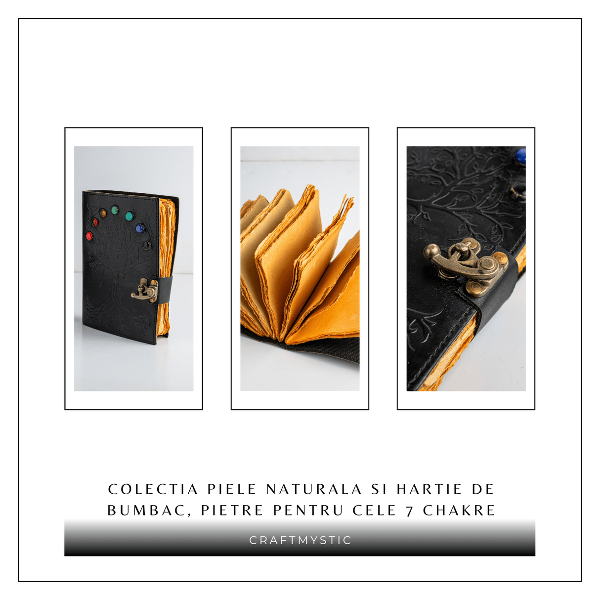 Jurnal Vintage Negru cu Arborele Vietii si 7 Pietre Chakre - Handmade, Piele Naturala