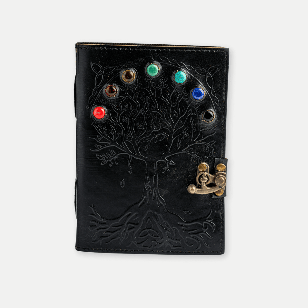 Jurnal Vintage Negru cu Arborele Vieții și 7 Pietre Chakre - Handmade, Piele Naturală