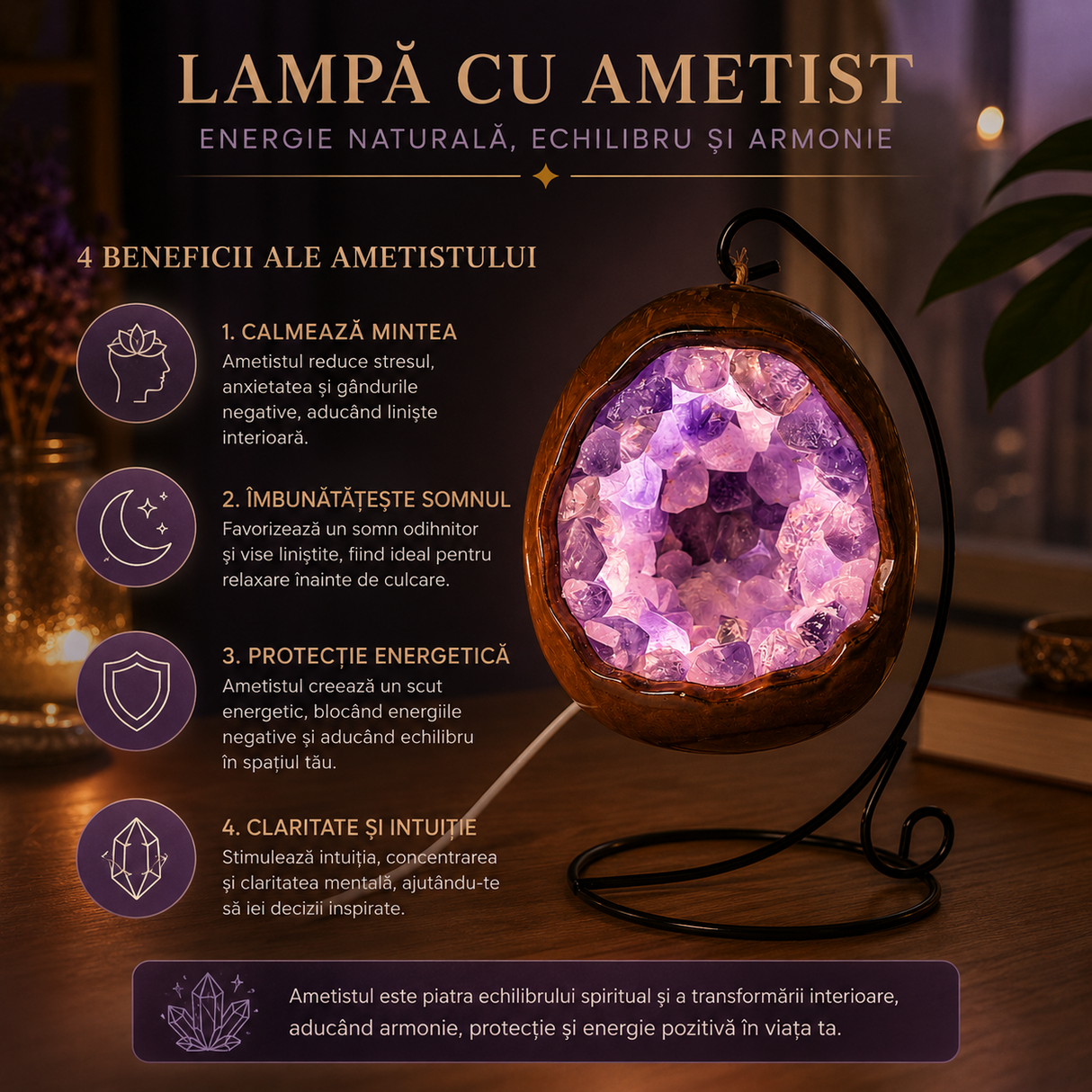 Lampa cu Ametist Natural Forma de Ou dinozaur – Armonie, Claritate si Relaxare
