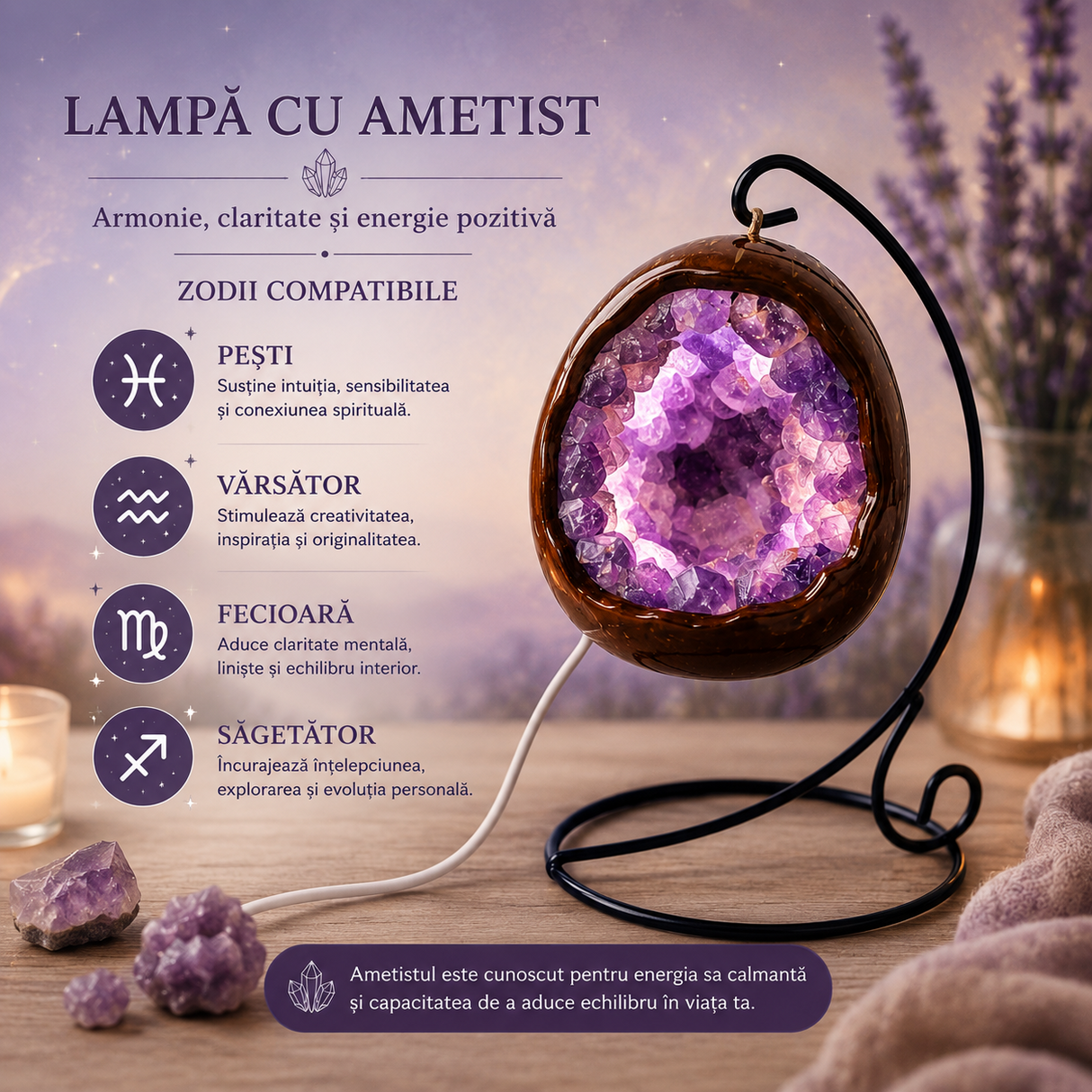 Lampa cu Ametist Natural Forma de Ou dinozaur – Armonie, Claritate si Relaxare