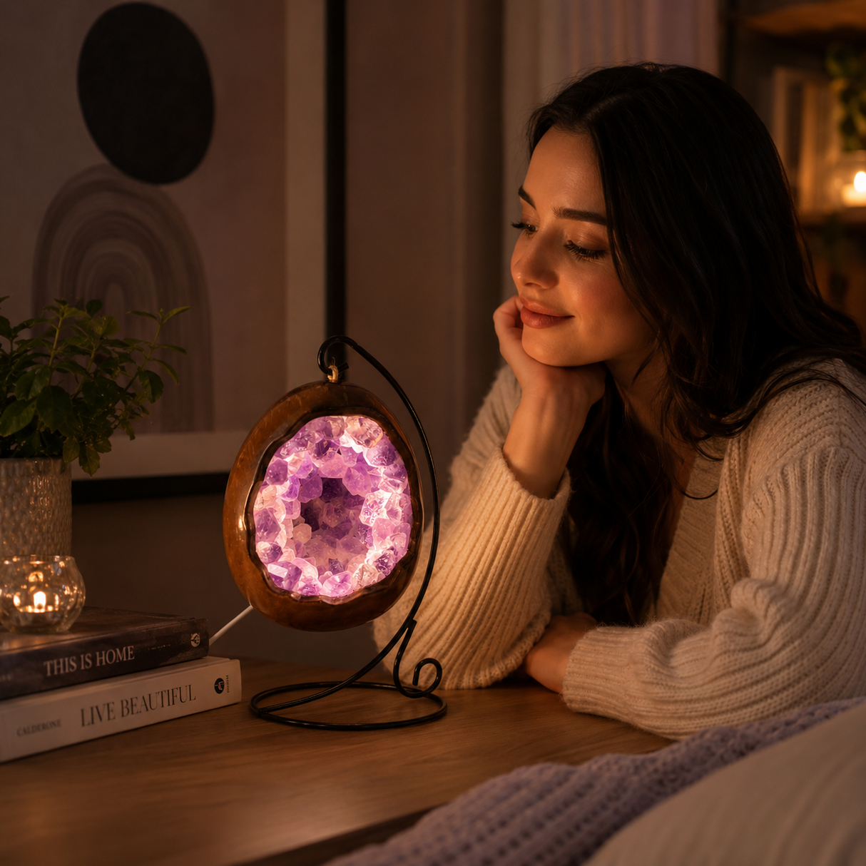Lampa cu Ametist Natural Forma de Ou dinozaur – Armonie, Claritate si Relaxare