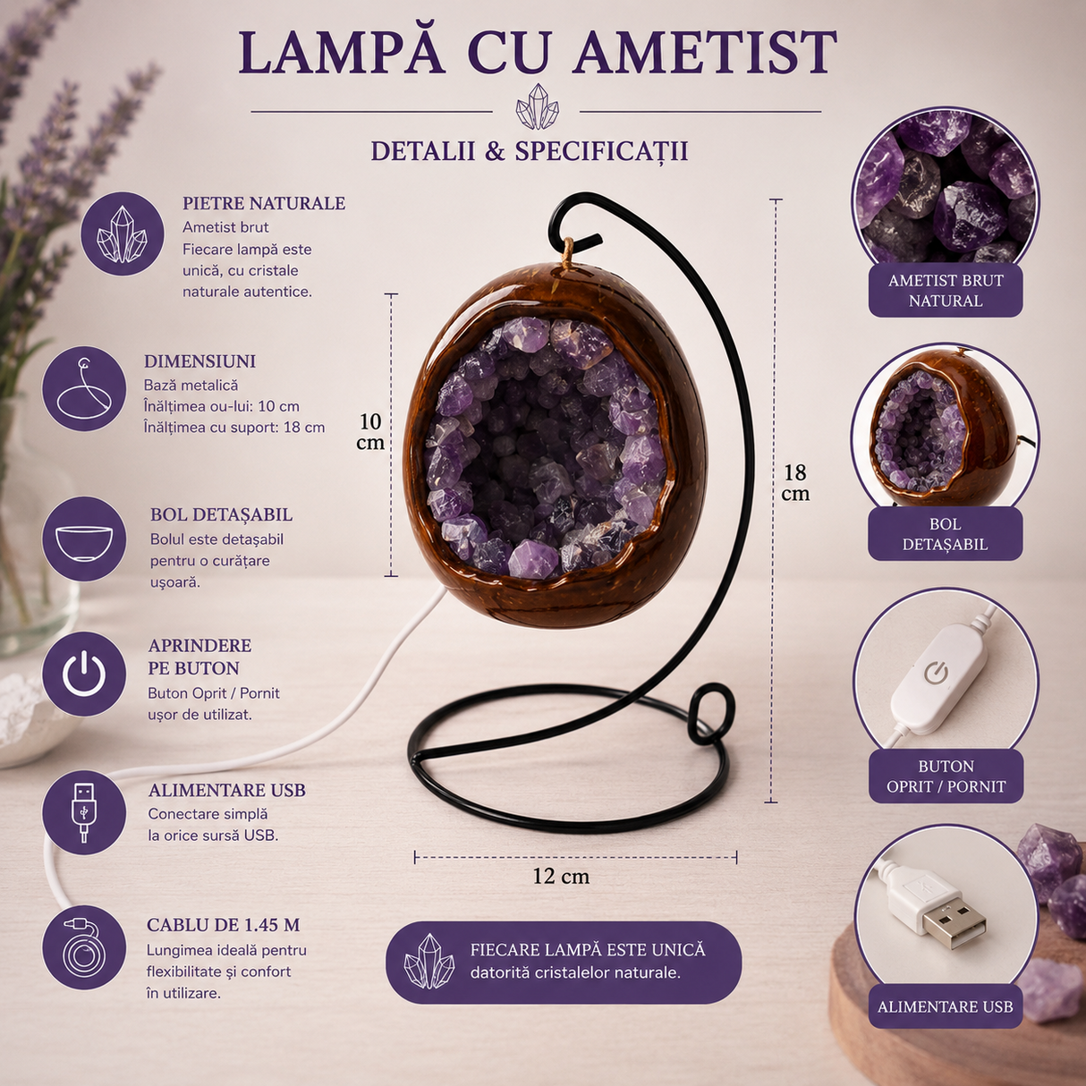 Lampa cu Ametist Natural Forma de Ou dinozaur – Armonie, Claritate si Relaxare