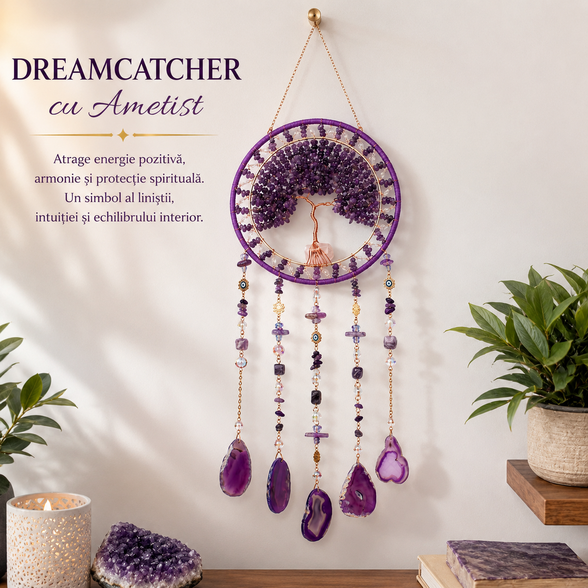 Dreamcatcher Arborele Vietii cu Ametist – Protectie Spirituala si Claritate Mentala