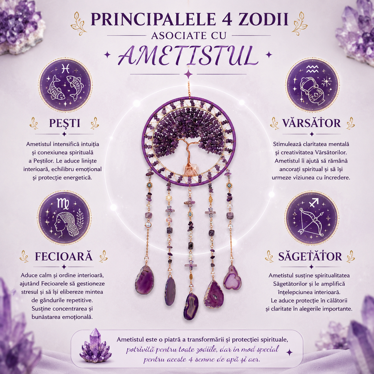 Dreamcatcher Arborele Vietii cu Ametist – Protectie Spirituala si Claritate Mentala