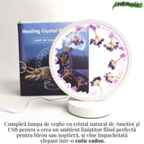 Lampa de noapte rotunda cu cristale ametist brut si rulat – energie pozitiva pentru relaxare