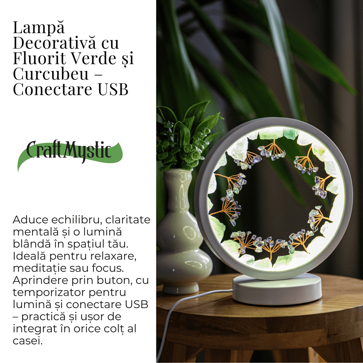 Lampa decorativa cu fluorit verde si curcubeu – Conectare USB – Claritate mentala si armonie interioara