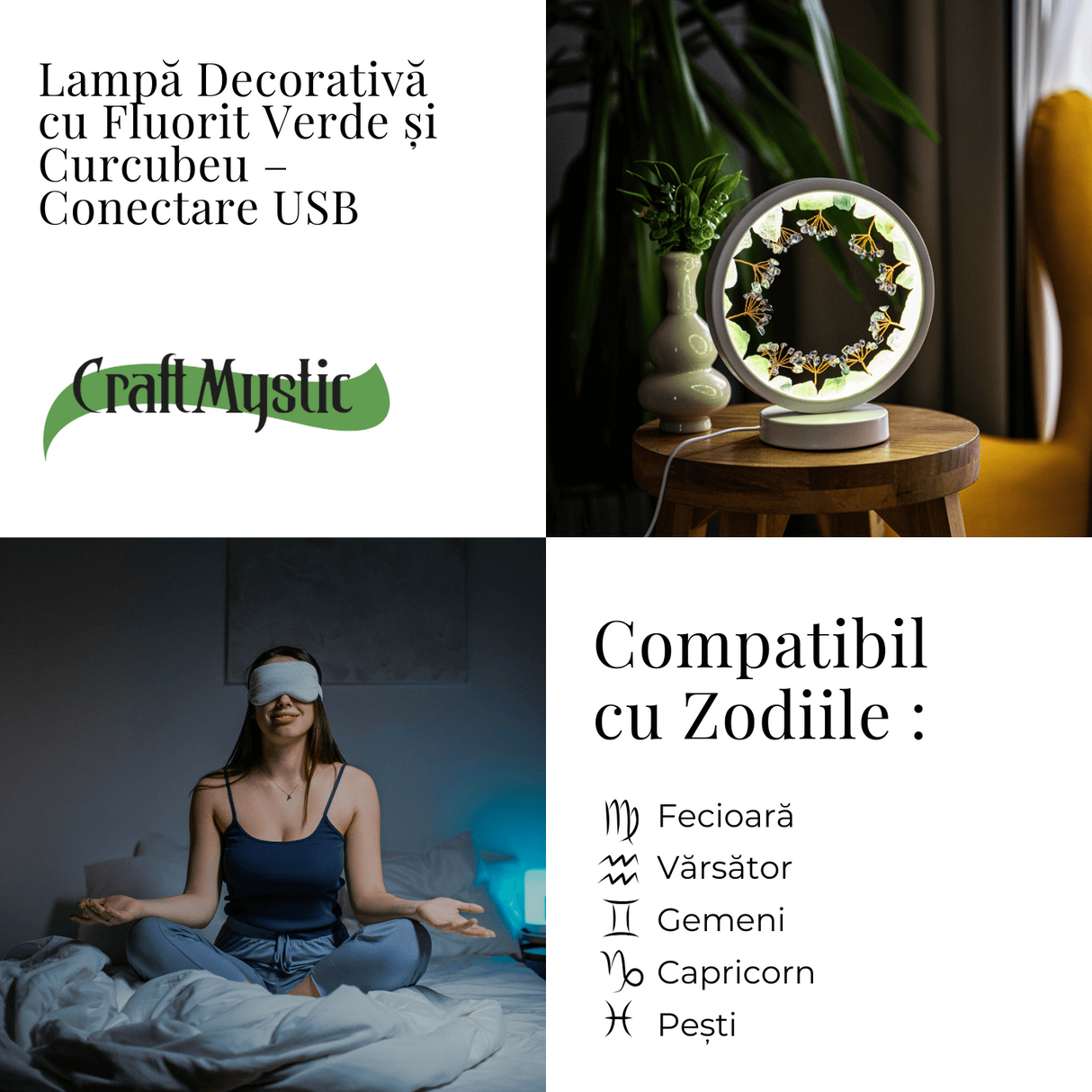 Lampa decorativa cu fluorit verde si curcubeu – Conectare USB – Claritate mentala si armonie interioara