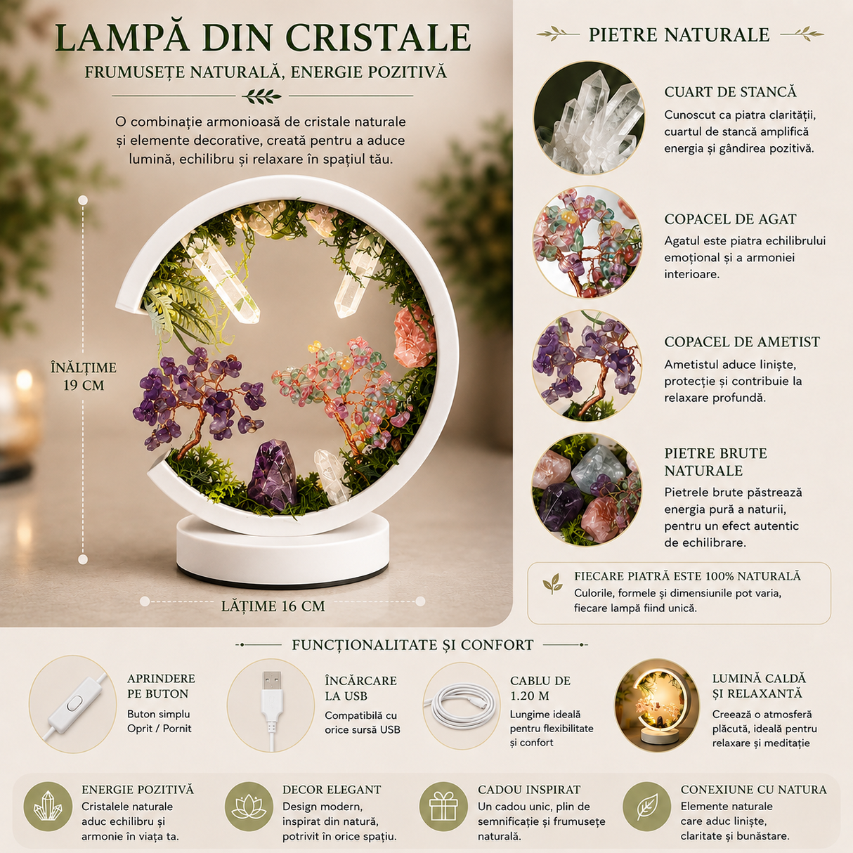 Lampa Rotunda cu Pietre Naturale – Armonie, Echilibru si Energie Pozitiva