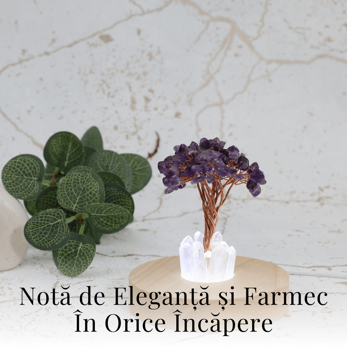 Mini Lampa de Noapte cu Arbore din Ametist Natural - Decoratiune de Birou cu Cristal Alb, Ideala pentru Dormitor si Decor Acasa