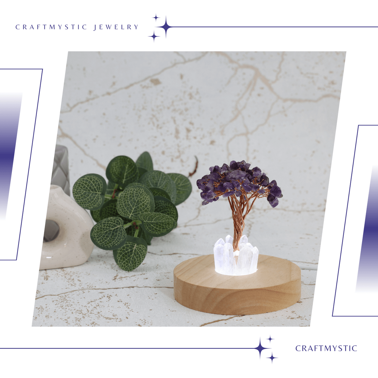 Mini Lampa de Noapte cu Arbore din Ametist Natural - Decoratiune de Birou cu Cristal Alb, Ideala pentru Dormitor si Decor Acasa