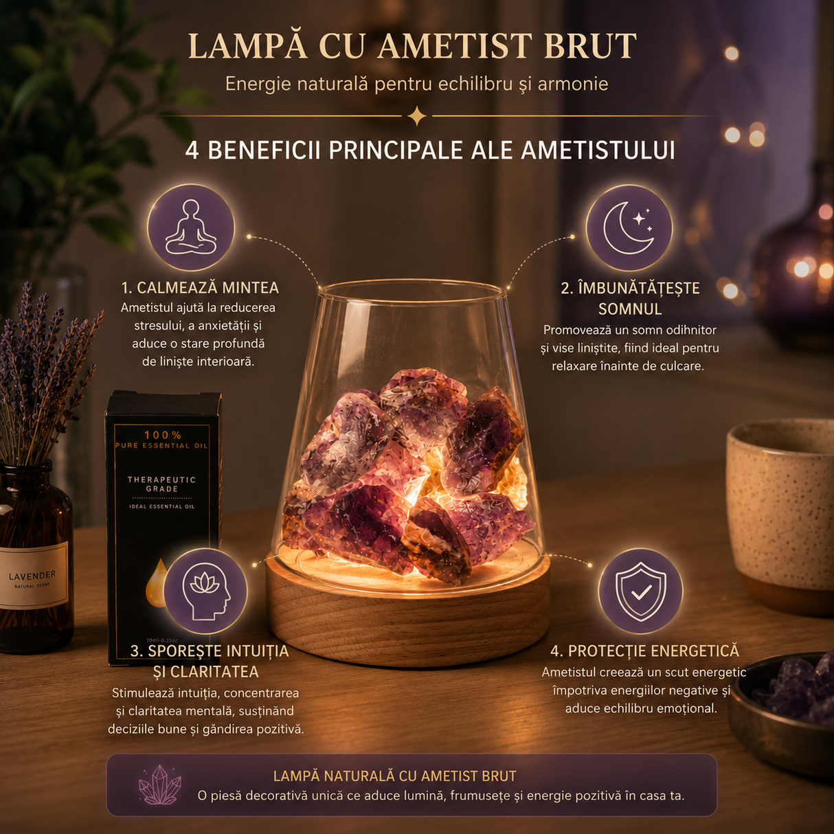 Lampa cu Ametist Brut Natural – Relaxare si Atmosfera Armonioasa