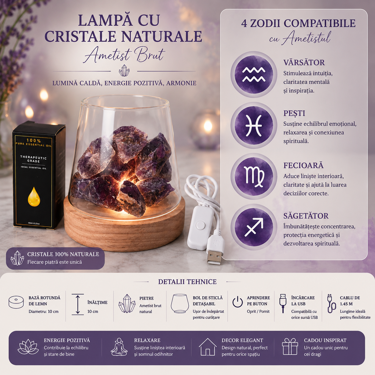 Lampa cu Ametist Brut Natural – Relaxare si Atmosfera Armonioasa