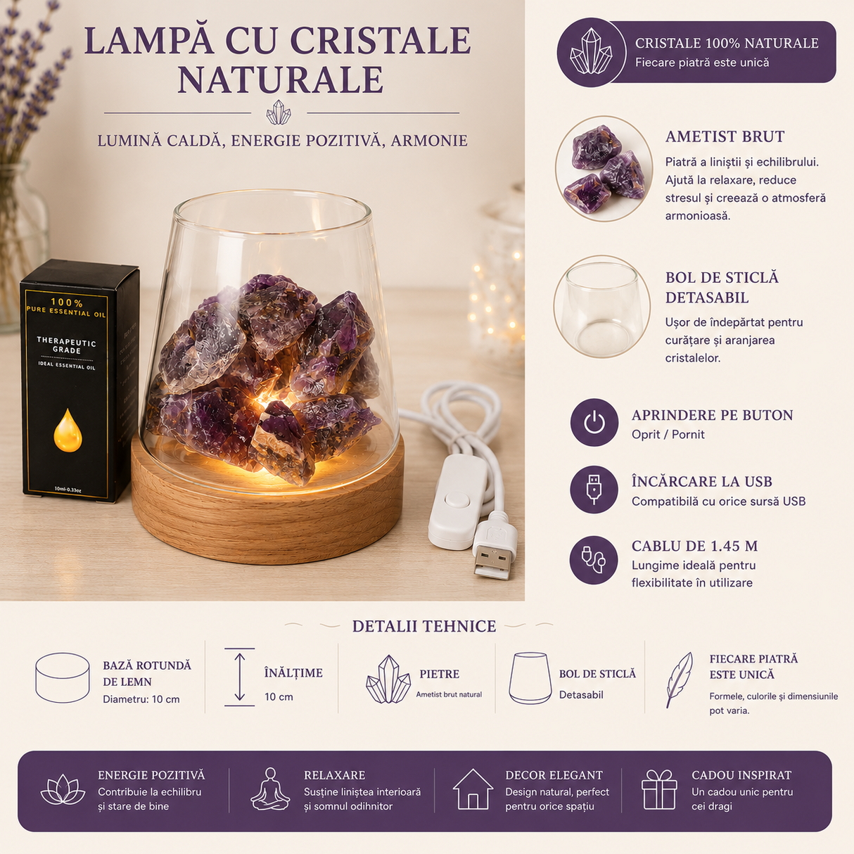 Lampa cu Ametist Brut Natural – Relaxare si Atmosfera Armonioasa